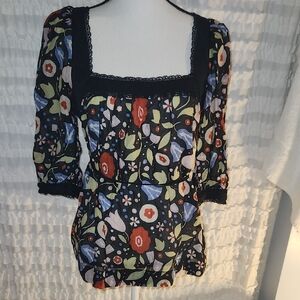 FEI Anthropologie Med Floral Square Neck Women's Top